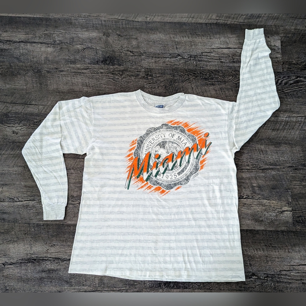 Miami Hurricanes Long Sleeve Tee Single Stitch Made in USA Sz XL Vintage AOP 90s